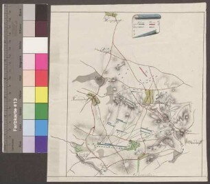 Neiße; [ohne Titel; Manöverkarte mit einem Deckblatt]; ohne Verfasser; ohne Maßstab; 18,5 x 22,5 cm; Kartenrand: Glunpignau; Giesmannsdorf; Weidicht; Ullersdorf; Papier; Federzeichnung mit Schraffen; Siedlungen, Gewässer, Talauen und Wälder in Wasserfarben; Truppenstellungen, -aufteilung und -bewegung.
