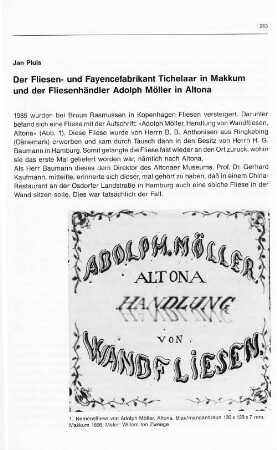 Der Fliesen- und Fayencefabrikant Tichelaar in Makkum und der Fliesenhändler Adolph Möller in Altona