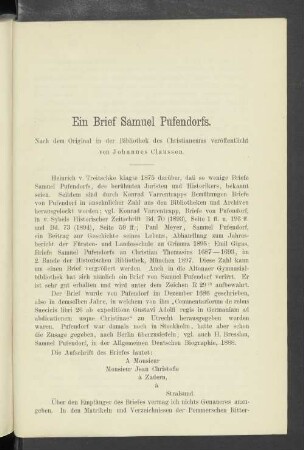 Ein Brief Samuel Pufendorfs. Nach dem Original in der Bibliothek des Christianeums veröffentlicht von Johannes Claussen