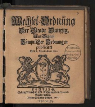 Wechsel-Ordnung Der Stadt Dantzig