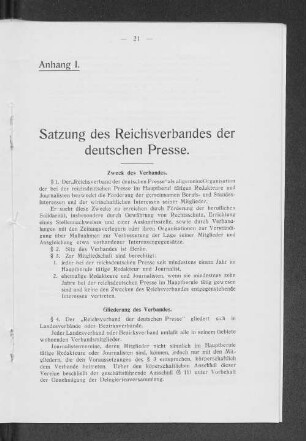 Anhang I. Satzung des Reichsverbandes der deutschen Presse.