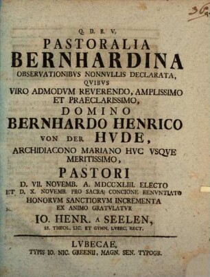 Pastoralia Bernhardina observationibus nonnullis declarata