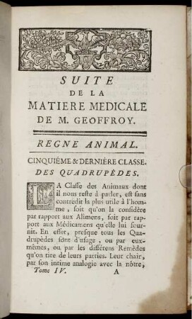 Regne Animal. Cinquieme & Derniére Classe. Des Quadrupédes.