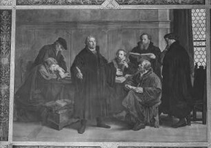 Bibelrevision durch Martin Luther : Dresden-Neustadt, Staatliches Gymnasium Dresden-Neustadt, Inneres, Aula, Ostwand, Wandmalerei (1882-1884). Bibelrevision zu Wittenberg 1541 durch Luther.