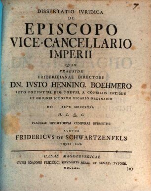 Dissertatio Ivridica De Episcopo Vice-Cancellario Imperii