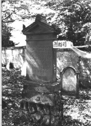 Grabstein 322 (Index: 99609959) Material: Sandstein Zustand: verwittert Maße HxBxT: 208x71x32 cm Beschreibung: Stele, Giebelaufsatz mit Verdachung, Seitenakrotere, Mittelpalmette, getreppter Sockel, unten rustica Symbolik: Palmette: Grabstein 322