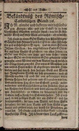 Bekändtnüß des Römischen Catholischen Glaubens.