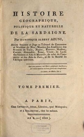 Histoire Géographique, Politique Et Naturelle De La Sardaigne, Tome Premier