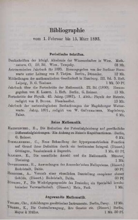 Bibliographie vom 1. Februar bis 15. März 1893.