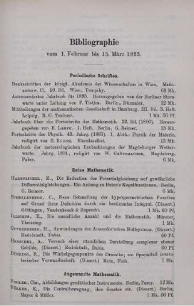 Bibliographie vom 1. Februar bis 15. März 1893.