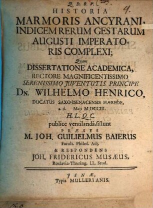 Historia marmoris Ancyrani, indicem rerum gestarum Augusti imperatoris complexi