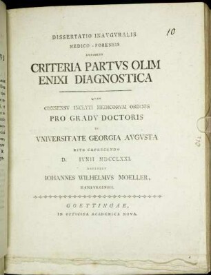 Dissertatio Inavgvralis Medico-Forensis Exhibens Criteria Partvs Olim Enixi Diagnostica