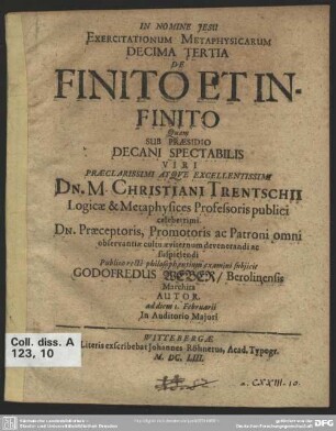 Exercitationum metaphysicarum decima tertia ... De finito et infinito