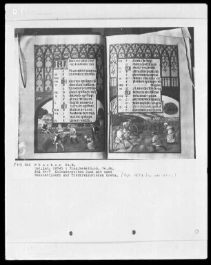 Flämisches Gebetbuch — Kalendar, Folio 1verso-13recto — Buchseite Juni mit Monatsbild - Heuernte, Folio 6verso