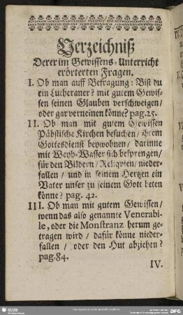 Verzeichniß Derer im Gewissens-Unterricht erörterten Fragen