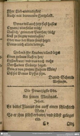 Die Zwantzigste Ode. An seinen Mecönas