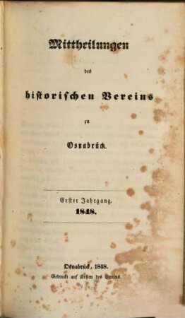 Mittheilungen des Historischen Vereins zu Osnabrück. 1. 1848
