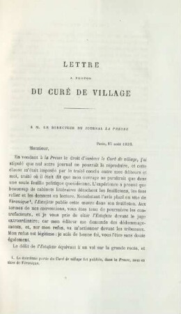 Lettre à propos du curé de village
