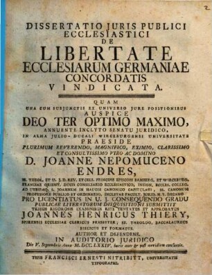 Dissertatio Juris Publici Ecclesiastici De Libertate Ecclesiarum Germaniae Concordatis Vindicata