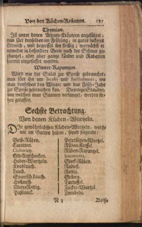 Sechste Betrachtung. Von denen Küchen-Wurtzeln