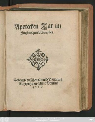Apotecken Tax im || Fürstenthumb Sachssen.||