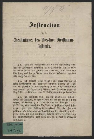 Instruction für die Dienstmänner des Dresdner Dienstmann-Instituts