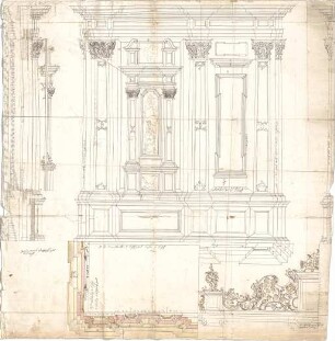 ohne Verfasserangabe; Barock - Zeichnungen einer Wandvorlage - Teilgrundriss, Teilansicht, Schnitt