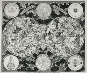 Karte des nördlichen und südlichen Sternhimmels : Schenk, Peter . Karte des nördlichen und südlichen Sternhimmels (mit Ptolemäischem und Kopernikanischem Weltbild). Kol. Stich; 481 x 560 mm. Um 1700. Aus: G. C. Eimmart. Atlas contractus. Amsterdam, um 1705. Dresden: SLUB Astron. 130,92
