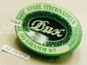Blechdose für "STAHL STECKNADELN Dux 50 GRAMM No. 6" mit Inhalt