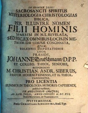 Sacrosancti spiritus mysteriologia christologias biblica, per illustre nomen filii hominis sparsim in N. T. revelata : sed hic, ex omnibus locis in methodicum corpus concinnata