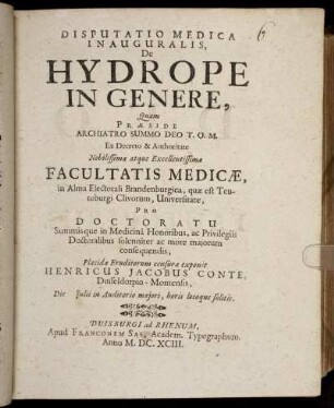 Disputatio Medica Inauguralis, De Hydrope In Genere