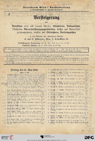Versteigerung: Freitag, den 31. Mai 1940, Beginn 15 Uhr (Nr. 1-318)