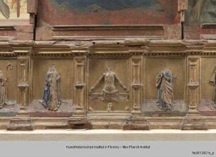 Thronende Madonna umgeben von den Heiligen Nikolaus von Bari, Johannes der Täufer, Christophorus und dem Erzengel Michael : Predella mit Christus als Schmerzensmann und Heiligen