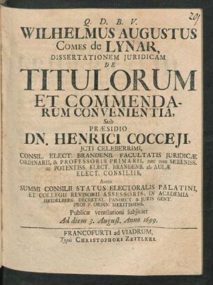 Wilhelmus Augustus Comes de Lynar, Dissertationem Iuridicam De Titulorum Et Commendarum Convenientia