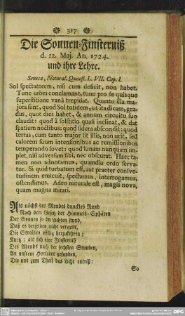 Die Sonnen-Finsterniß d. 22. Maj. An. 1724. und ihre Lehre. Seneca, Natural. Quaest. L. VII. Cap. I