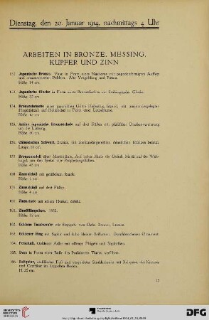 Arbeiten in Bronze, Messing, Kupfer und Zinn (Nr. 152-170)