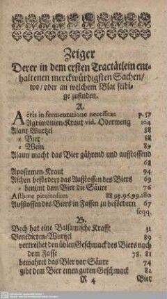 Zeiger. derer in dem ersten Tractatlein enthaltenen merckwürdigsten Sachen/ wo/ oder an welchem Blat selbige zufinden.
