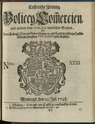 Nro. XXXI, Montags, den 29. Jul. 1748