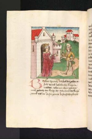 Billero vor dem König mit einem Schwert,das mit dem Blut eines Lammes beschmiert ist.; (Kapitel X: Von König Sedras)
