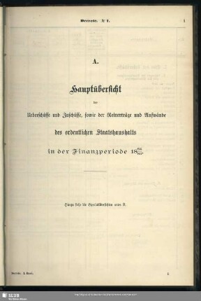 A. Hauptübersicht der Ueberschüsse und Zuschüsse, sowie der Reinerträge und Aufwände des ordentlichen Staatshaushalts in der Finanzperiode 1884/85