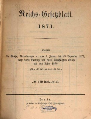 Bundes-Gesetzblatt des Norddeutschen Bundes. 1871, 1 - 18