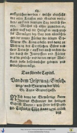 Das sibende Capitel. Von dem Ursprung, Einsetzung, und Statuten der löbl. St. Annae Bruderschafft.