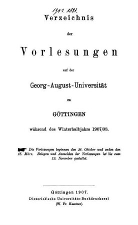 WS 1907/08: Verzeichnis der Vorlesungen