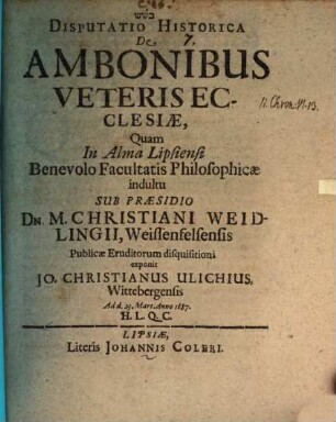 Disputatio Historica De Ambonibus Veteris Ecclesiae