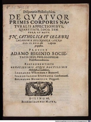 Disputatio philosophica de quatuor primis corporis naturalis affectionibus, quantitate, loco, tempore et motu