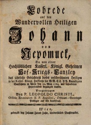 Lobrede auf den wundervollen heiligen Johann von Nepomuck