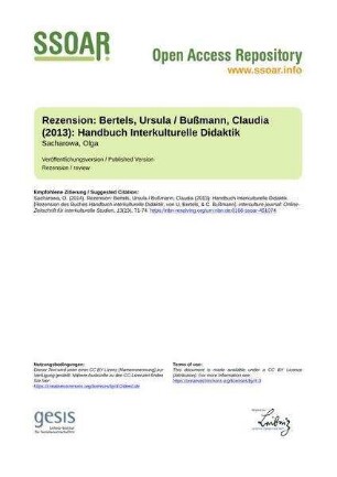 Rezension: Bertels, Ursula / Bußmann, Claudia (2013): Handbuch Interkulturelle Didaktik