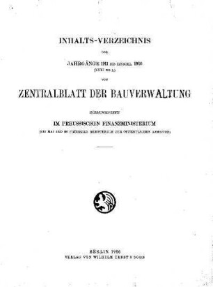 1911/1930: Inhaltsverzeichnis der Jahrgänge 1911 bis einschl. 1930