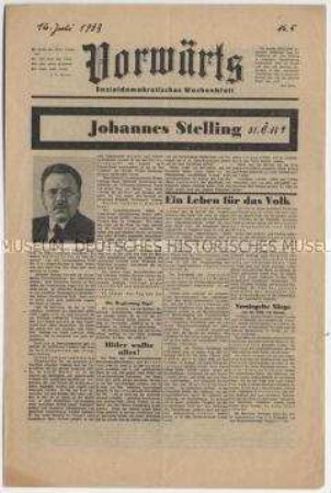 Exilausgabe der SPD-Organs "Vorwärts" mit dem Nachruf auf den ermordeten SPD-Politiker Johannes Stelling