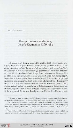 Uwagi o mowie rektorskiej Józefa Kremera z 1870 roku